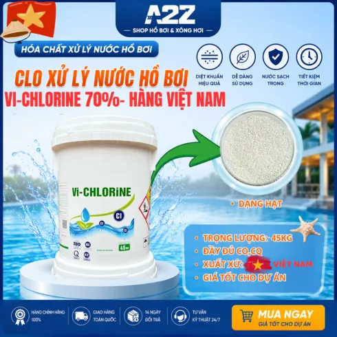 MỚI VỀ-[CLO HỒ BƠI 70%] VI-CHLORINE THÙNG 45KG, CLO XỬ LÝ NƯỚC, CLO VIỆT TRÌ, RONG RÊU,KHỬ KHUẨN